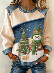 Women's Casual Retro Christmas Snowman Denim Patchwork Top