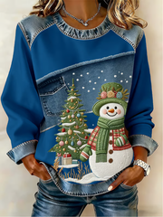 Women's Casual Retro Christmas Snowman Denim Patchwork Top