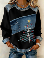 Women's Casual Retro Faith Christmas Tree Denim Patchwork Top