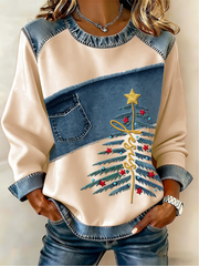 Women's Casual Retro Faith Christmas Tree Denim Patchwork Top