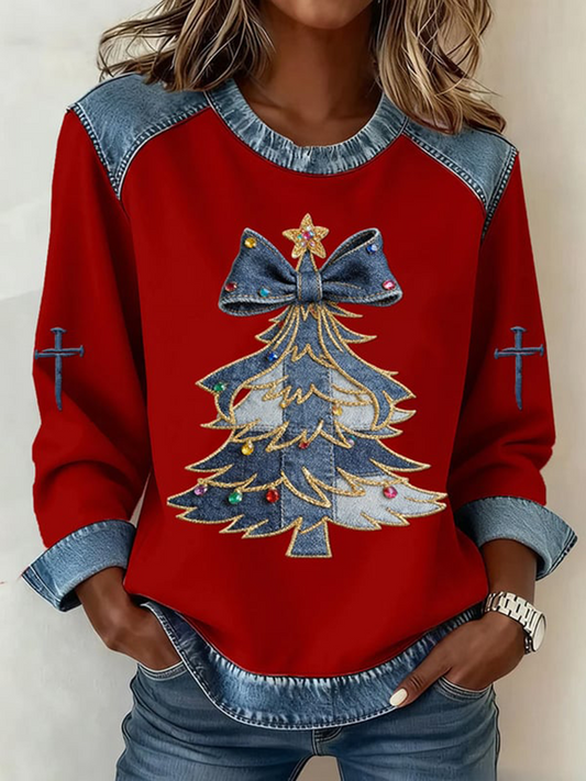 Women's Casual Retro Christmas Tree Denim Patchwork Top