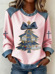 Women's Casual Retro Christmas Tree Denim Patchwork Top