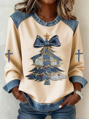 Women's Casual Retro Christmas Tree Denim Patchwork Top