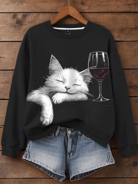 Women's red wine-drinking cat sweatshirts