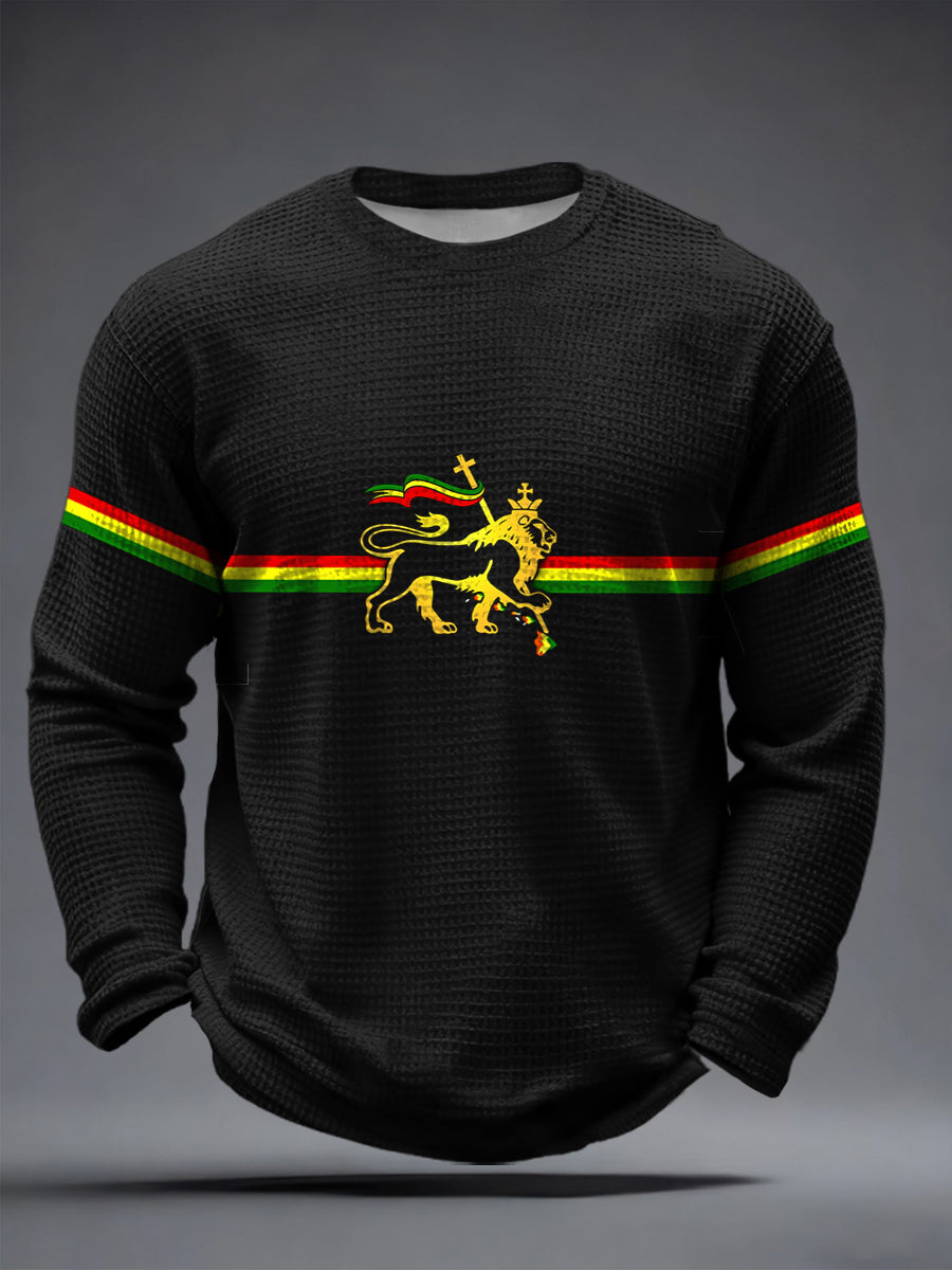 Men's Reggae Music Inspired Lion Print Waffle Long-Sleeve T-Shirt