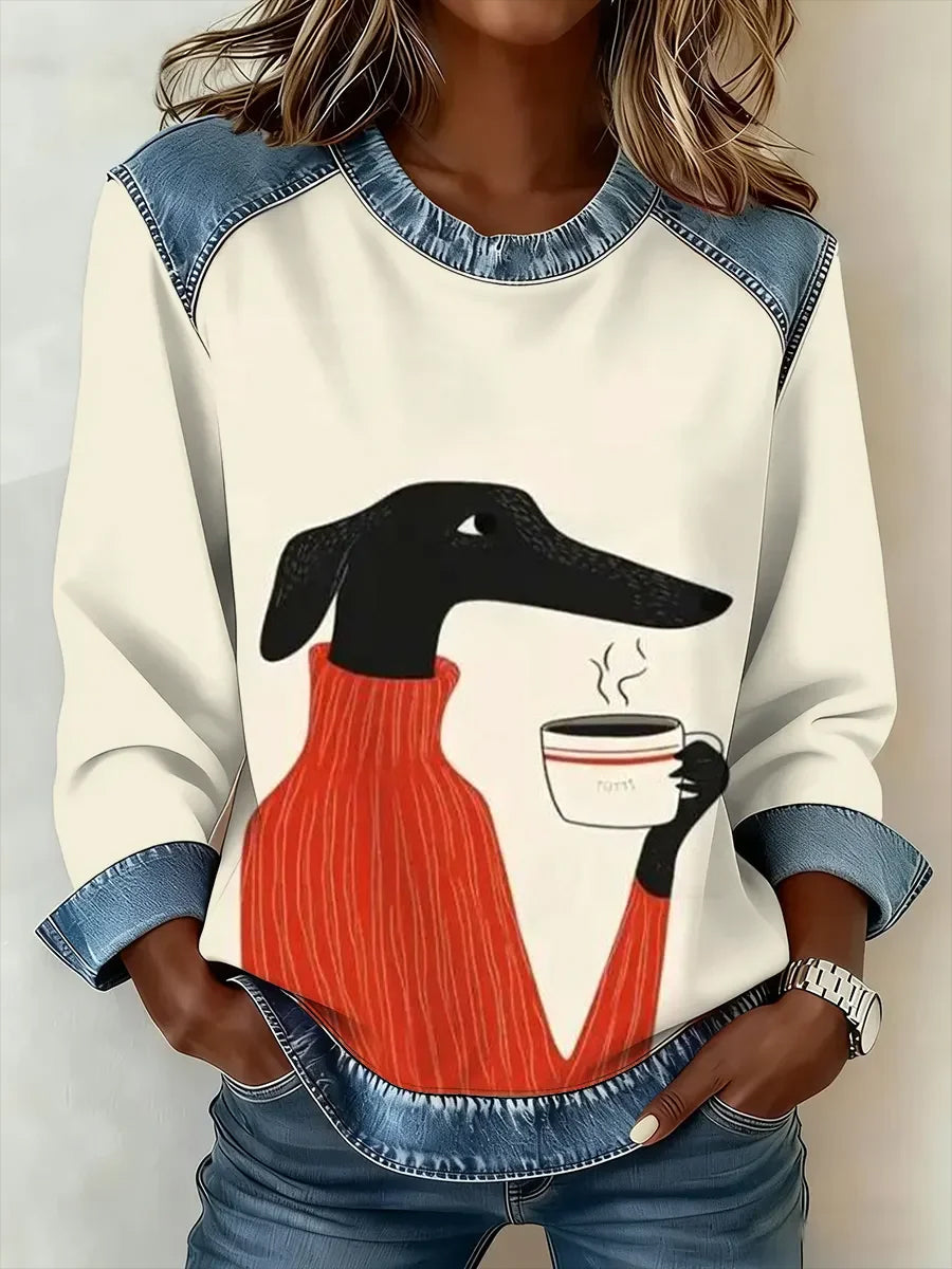 Women's Retro Cute Dog Coffee Print Denim Patchwork Top