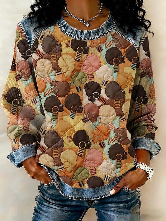 Women's Black History Month Print Denim Patchwork Top