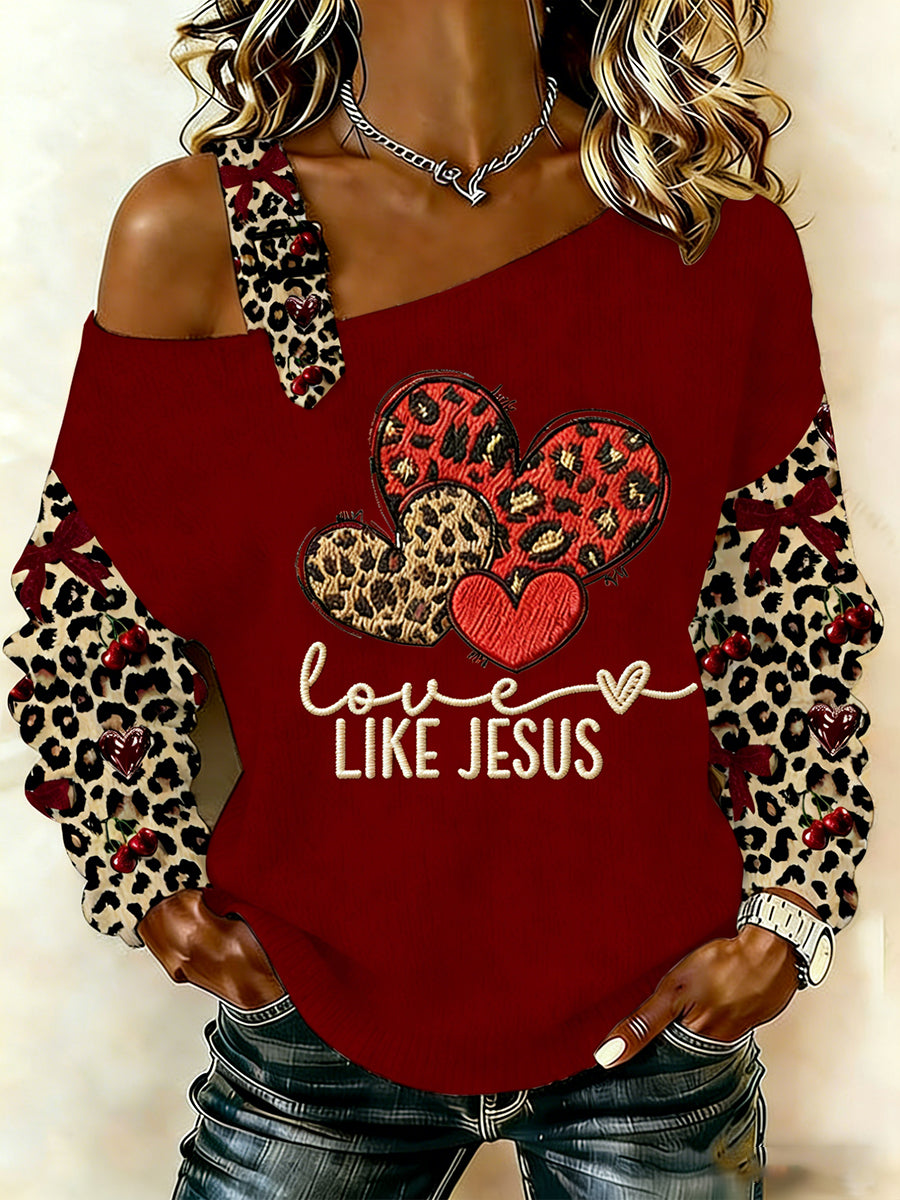 Women's Valentine's Day Love Like Jesus Heart Leopard Print Casual Off-Shoulder Top