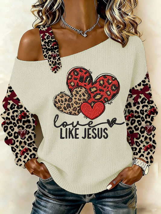Women's Valentine's Day Love Like Jesus Heart Leopard Print Casual Off-Shoulder Top