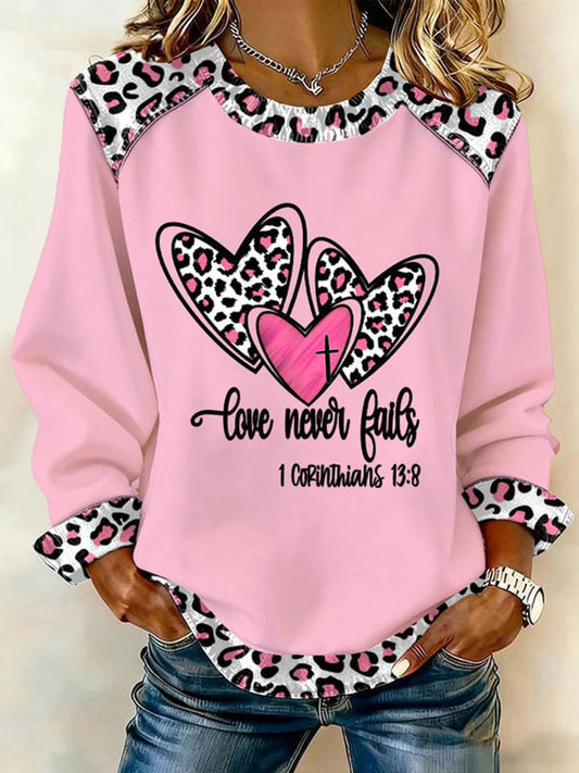 Women's Valentine's Day Heart Leopard Print Denim Patchwork Top