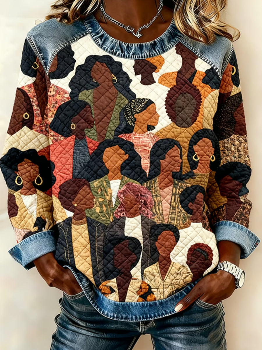 Women's Black Women Portrait Art Print Denim Patchwork Top
