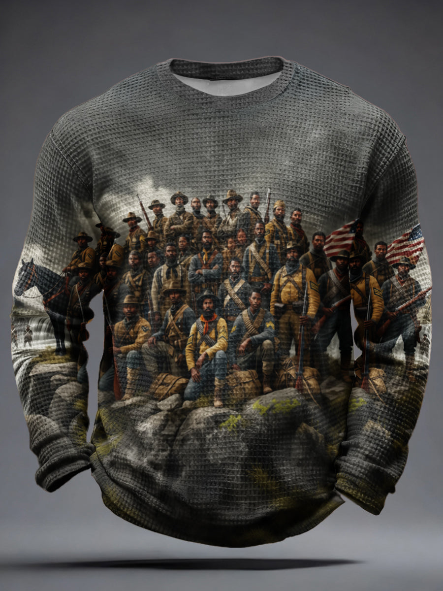 Men's Winter Retro Distressed Buffalo Soldier Print Waffle Long Sleeve T-Shirt