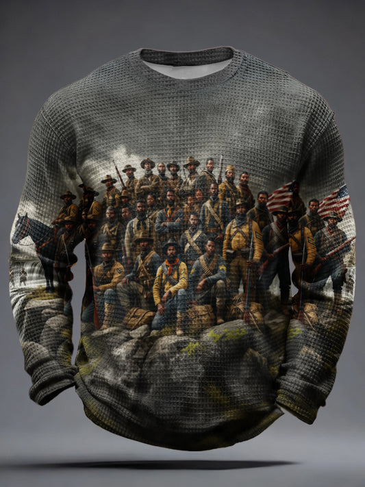Men's Winter Retro Distressed Buffalo Soldier Print Waffle Long Sleeve T-Shirt