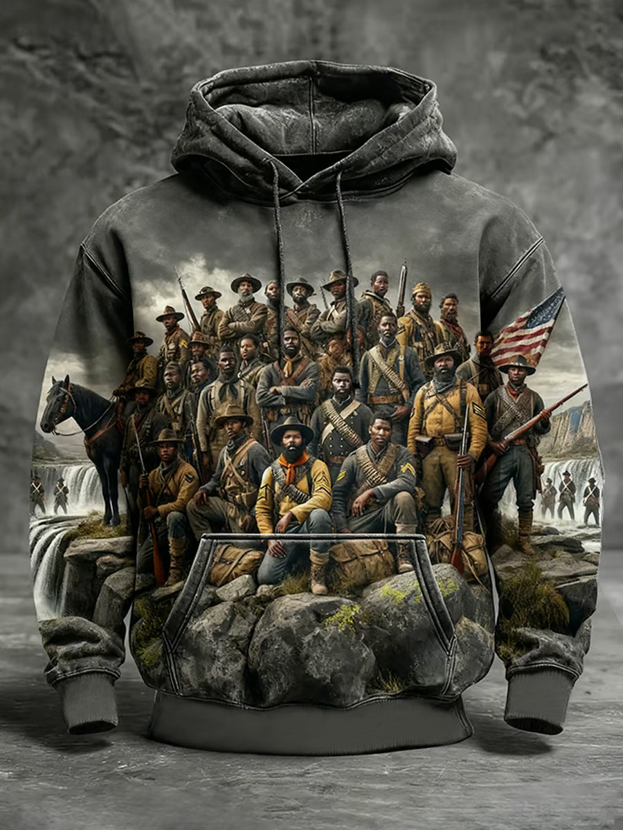 Men's Winter Retro Distressed Buffalo Soldier Oversized Drop-Shoulder Hoodie with Pockets