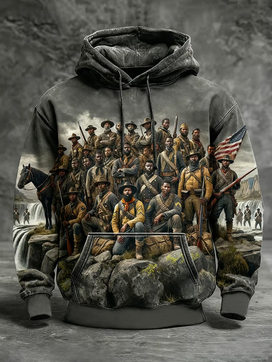 Men's Winter Retro Distressed Buffalo Soldier Oversized Drop-Shoulder Hoodie with Pockets