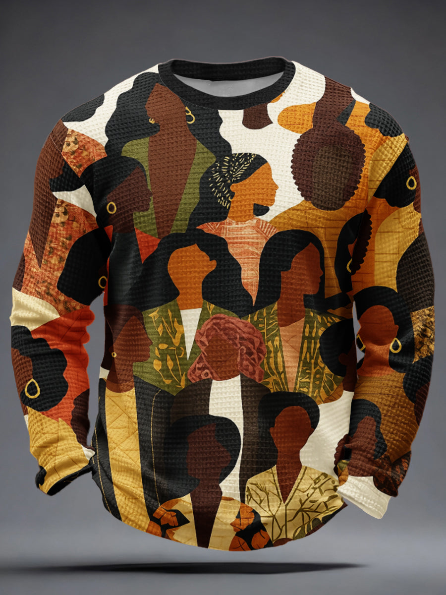 Men's Winter Black Print Waffle Long Sleeve T-Shirt