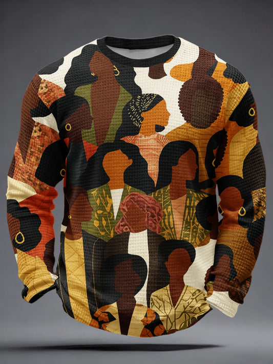 Men's Winter Black Print Waffle Long Sleeve T-Shirt