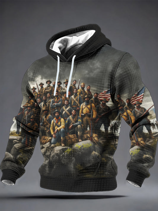 Men's Winter Retro Distressed Buffalo Soldier Print Checkered Cotton Hoodie