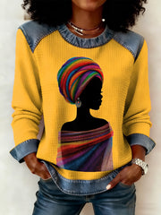 Women's Black Beauty Black History Month Print Denim Patchwork Top