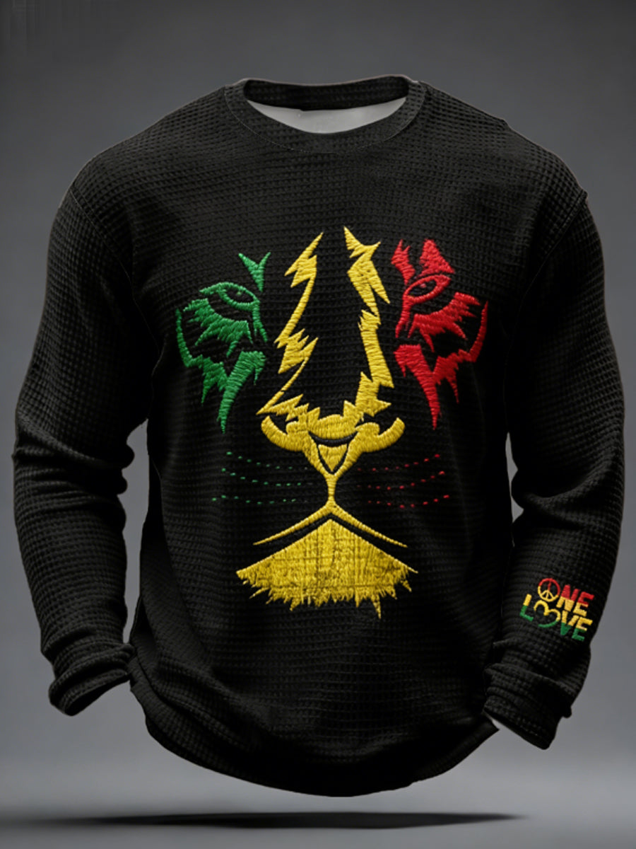 Men's One Love Rasta Lion Waffle Long Sleeve T-Shirt