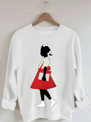 Women's Black Girl In Red Dress Art Print Casual Sweatshirt