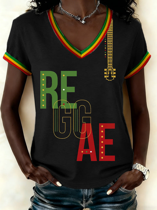 Women's Reggae Music Inspired Print V-Neck T-Shirt