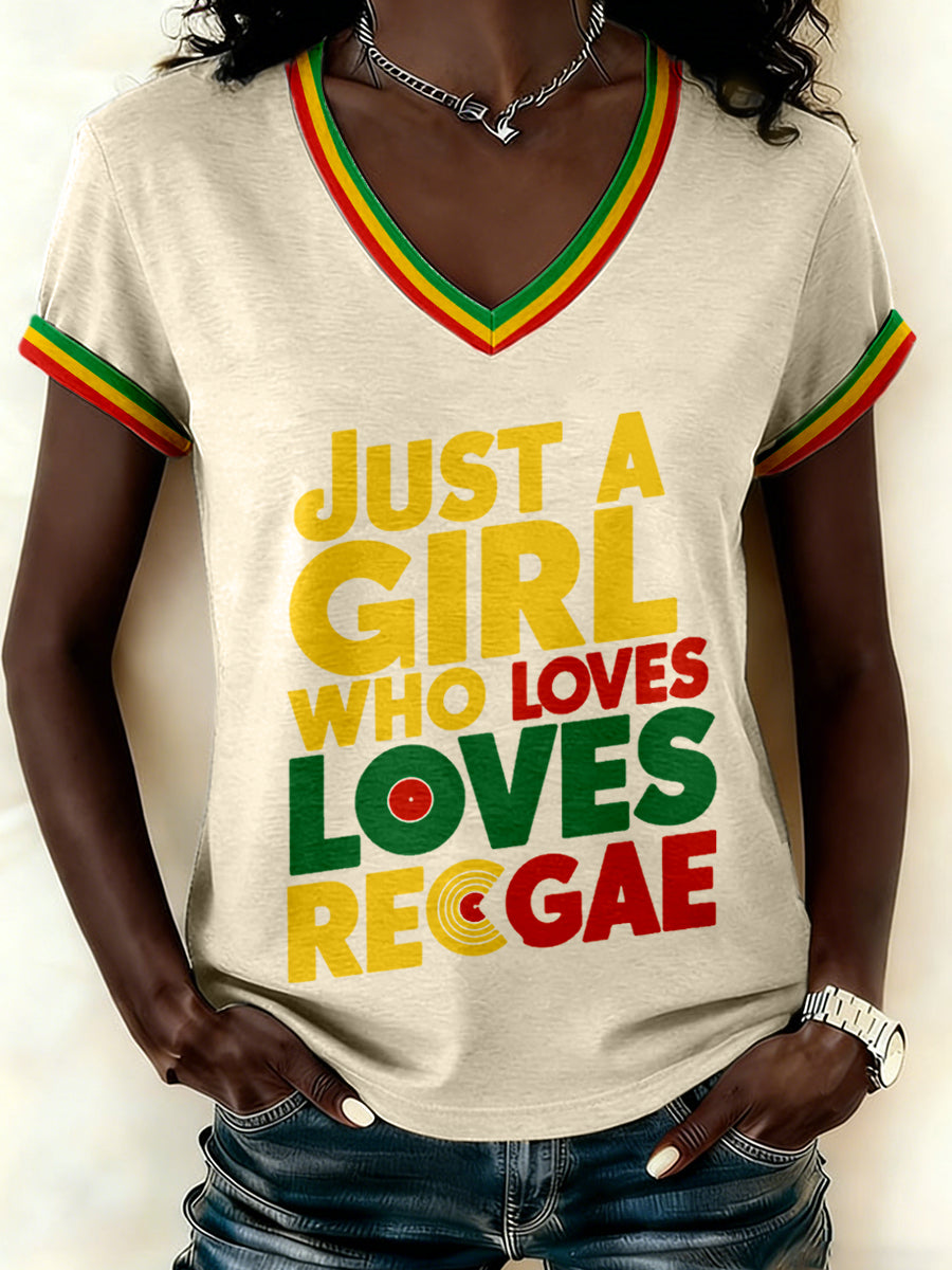 Women's Just A Girl Who Loves Reggae Print V-Neck T-Shirt