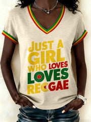 Women's Just A Girl Who Loves Reggae Print V-Neck T-Shirt