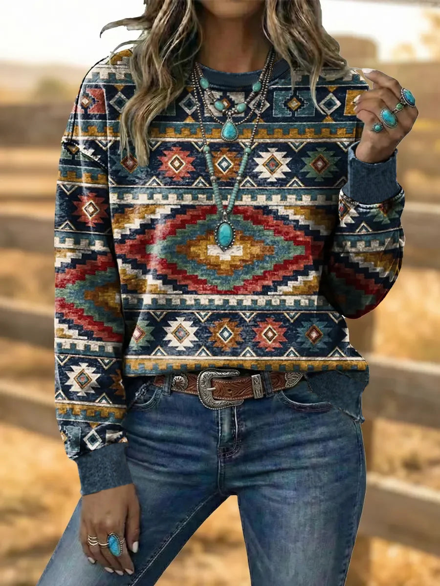 Women's Vintage Western Aztec Art Drawstring Sweatshirt