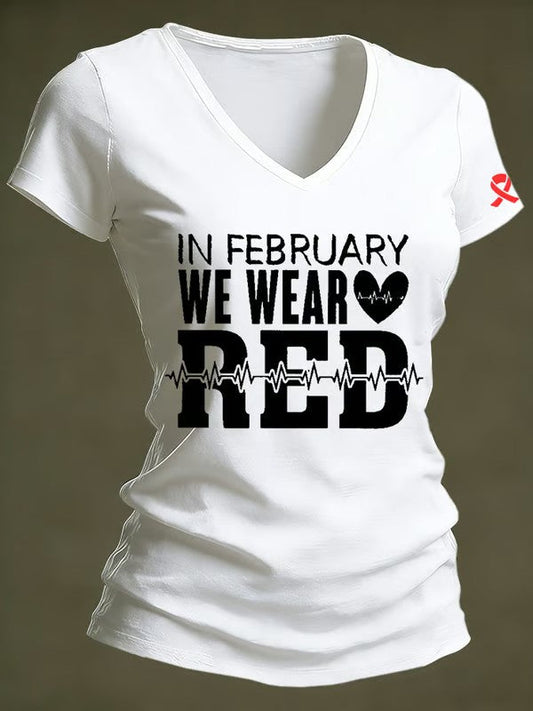 Women's Heart Disease Awareness Printed V-neck T-shirt