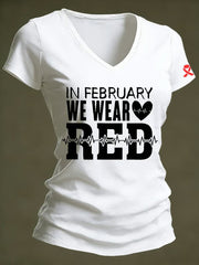 Women's Heart Disease Awareness Printed V-neck T-shirt