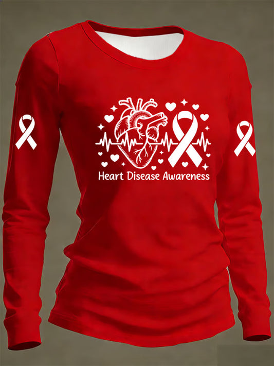 Women's Heart Disease Awareness Print Casual Long-Sleeve T-Shirt