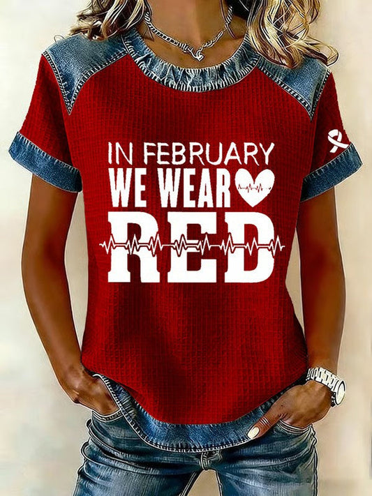 Women's Heart Disease Awareness Print Waffle Knit Round Neck Short-Sleeved T-Shirt