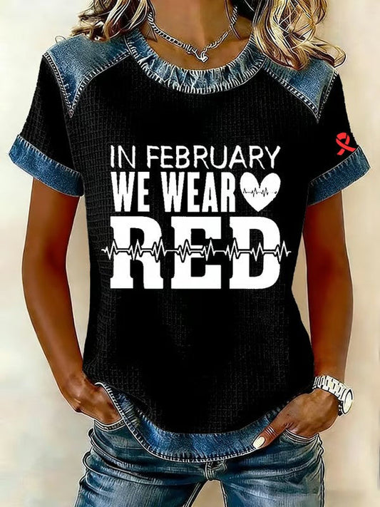 Women's Heart Disease Awareness Print Waffle Knit Round Neck Short-Sleeved T-Shirt