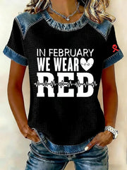 Women's Heart Disease Awareness Print Waffle Knit Round Neck Short-Sleeved T-Shirt