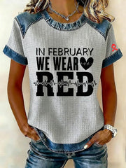 Women's Heart Disease Awareness Print Waffle Knit Round Neck Short-Sleeved T-Shirt