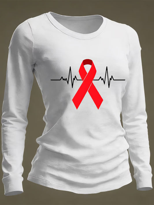 Women's Heart Disease Awareness Print Casual Long-Sleeve T-Shirt