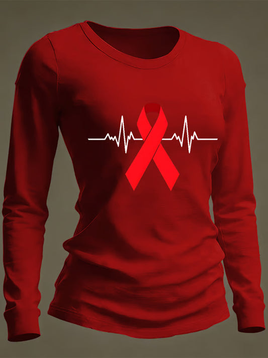Women's Heart Disease Awareness Print Casual Long-Sleeve T-Shirt