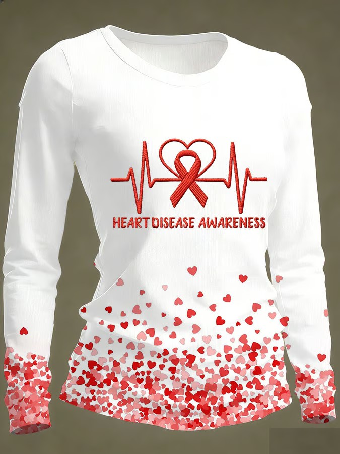 Women's Casual Heart Disease Awareness Print Long-Sleeve T-Shirt