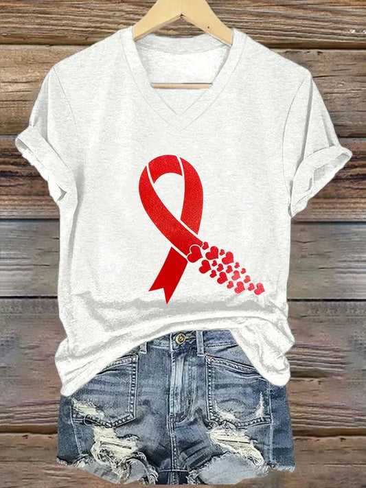 Women's Heart Disease Awareness Printed V-neck T-shirt