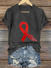 Women's Heart Disease Awareness Printed V-neck T-shirt