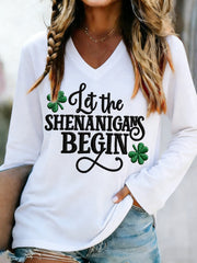 Women's Funny St. Patrick's Day Let The Shenanigans Begin Shamrock Print Casual V-Neck Long-SleeveT-Shirt