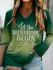 Women's Funny St. Patrick's Day Let The Shenanigans Begin Shamrock Print Casual V-Neck Long-SleeveT-Shirt