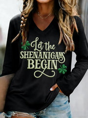 Women's Funny St. Patrick's Day Let The Shenanigans Begin Shamrock Print Casual V-Neck Long-SleeveT-Shirt