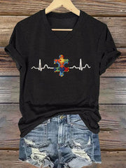 Women's Autism Awareness Print Iron On Short Sleeve T-Shirt