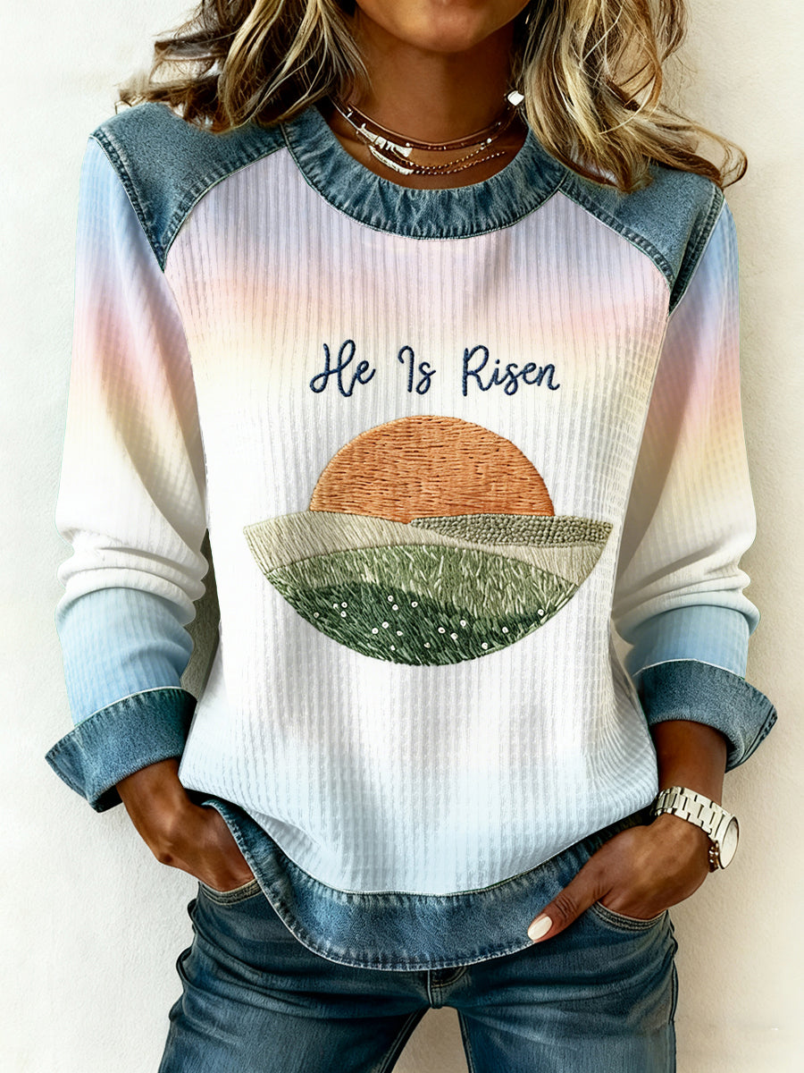 Women's He Is Risen Christian Faith Print Easter Denim Patchwork Top