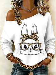 Women's Cute Leopard Bunny Print Easter Casual Off-Shoulder Top