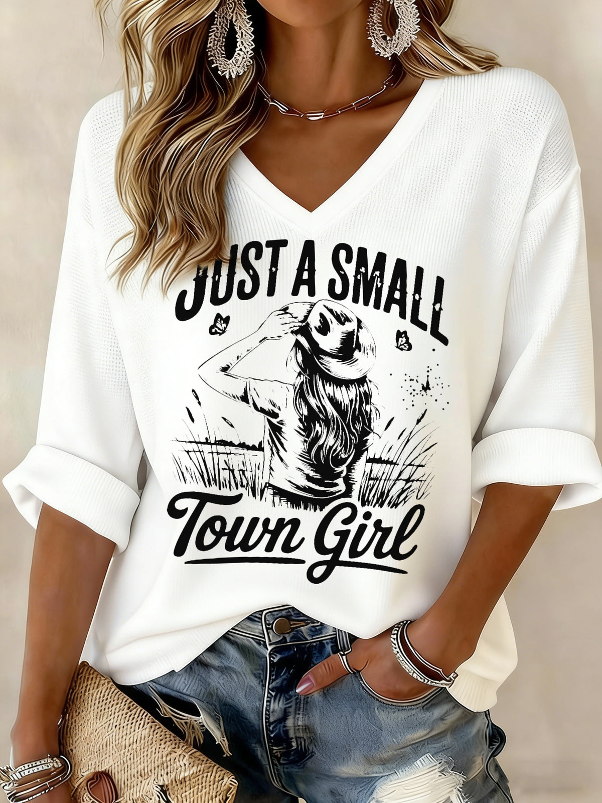 Women's Just A Small Town Girl Printed Waffle T-shirt