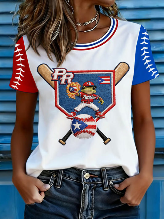 Women's Puerto Rico Baseball Print Casual Tee