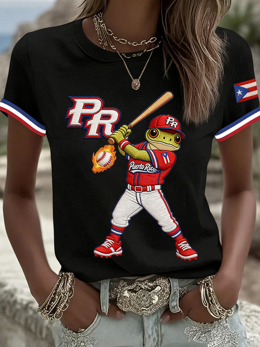 Women's Puerto Rico Baseball Print Casual Tee